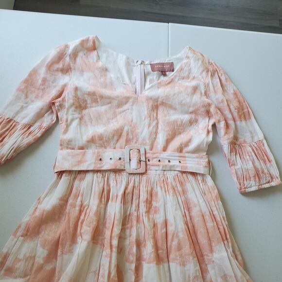 JESSAKAE Dress Womens Small Pink White Belted Tiered Maxi V Neck Toile Print - Picture 2 of 13